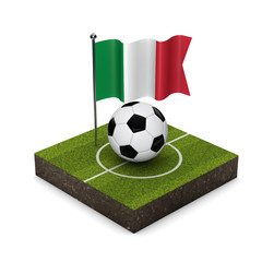 Italy flag football concept. Flag, ball and soccer pitch isometric icon. 3D Rendering