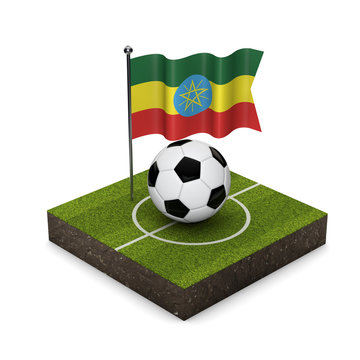 Ethiopia flag football concept. Flag, ball and soccer pitch isometric icon. 3D Rendering