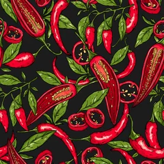 Tapeten Küche Nahtloses handgezeichnetes Muster mit mexikanischem Peperoni-Chili, Scheiben, Hälften, zerkleinerten Stücken und Zweigen. Natürlicher Hintergrund für Textilien, Banner, Packpapier und andere und Designs. Vektor-Illustration