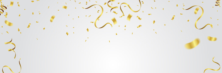 Gold balloons, confetti and streamers on white background. Vector illustration. - obrazy, fototapety, plakaty