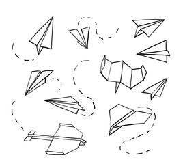 Paper airplane. Hand drawn doodle airplane. Vector 
