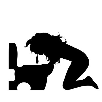 Vector Silhouette Of Woman Who Vomit To Toilet On White Backgtround.