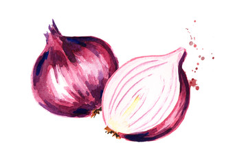Red sliced onion. Watercolor hand drawn illustration, isolated on white background