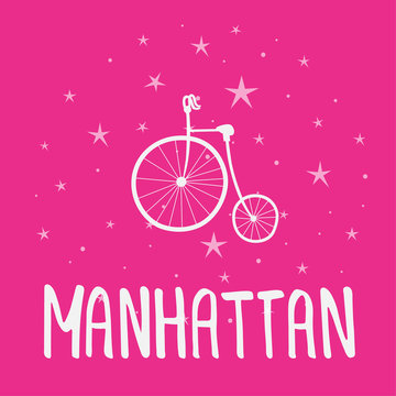 Manhattan text. Vintage retro lettering design. Hand drawn elements for your designs dress, poster, card, t-shirt. Black and white picture.