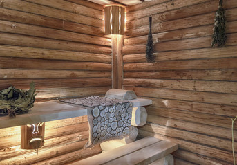 Obraz premium Interior of a Russian bath in a rustic style.