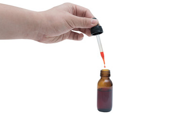 Universal indicator solutions, the pH indicator in the brown glass bottle with dropper dropped by hand  isolated on white background with clipping path