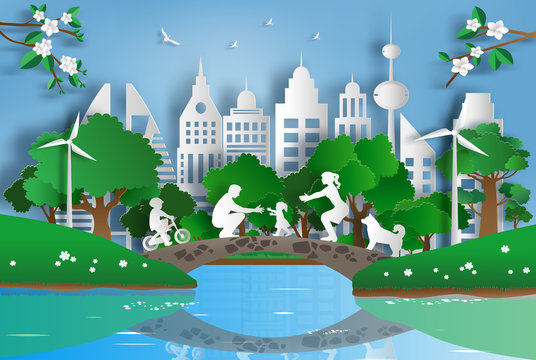Paper art style of family enjoy fresh air in the park with baby to make first steps on grass, eco green city, flat-style vector illustration.