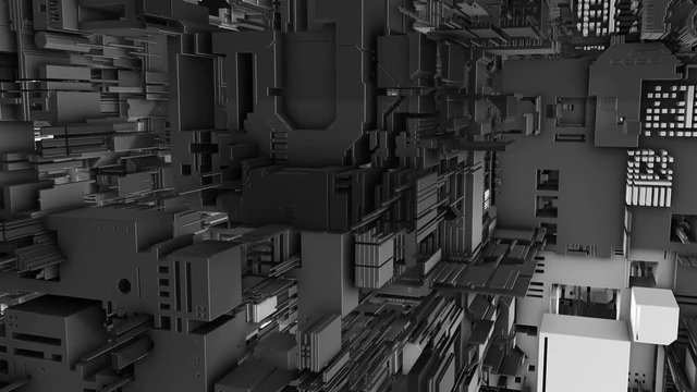 Abstract 3D rendering of surface with random cubes and electronic shapes.  futuristic science fiction city with lines and low poly shape. 4K animation loop for background visuals. 