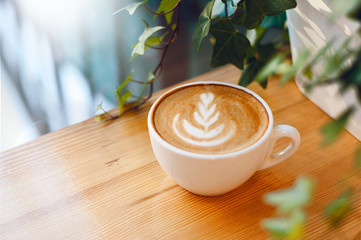 Hot coffee cappuccino latte art in white ceramic cup on wooden table with small plant. Coffee cup top view on old wooden. Coffee cup in coffee shop