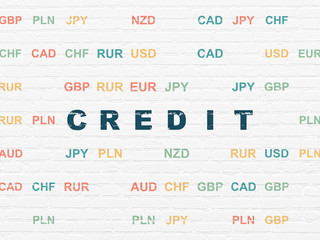 Banking concept: Painted blue text Credit on White Brick wall background with Currency