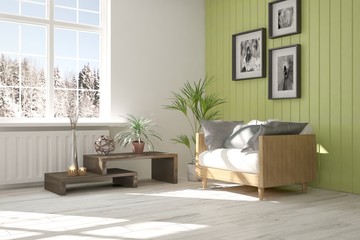 White room with armchair and winter landscape in window. Scandinavian interior design. 3D illustration