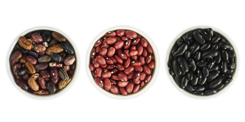 Set of Kidney beans isolated on white background. Top view. Kidney beans in a bowl isolated on white background. Kidney beans with copy space for text.