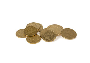 coins, yellow metal isolated on white background