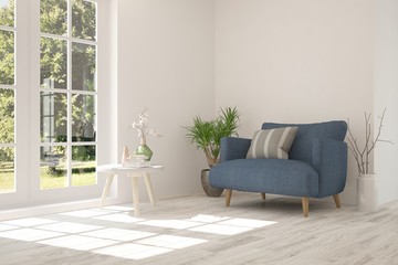 Idea of white room with armchair and summer landscape in window. Scandinavian interior design. 3D illustration
