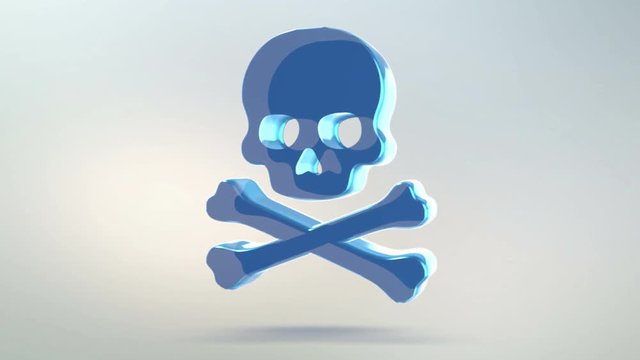 Skull icon is made of glass. Translucent rotating Pirate icon with alpha channel blue green color. Isolated on white background