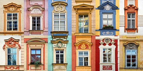 Collage of colorful windows with pediment of Prague, Czech Republic