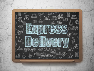 Finance concept: Chalk Blue text Express Delivery on School board background with  Hand Drawn Business Icons, 3D Rendering