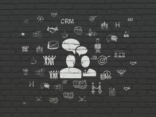 Finance concept: Painted white Business Meeting icon on Black Brick wall background with  Hand Drawn Business Icons