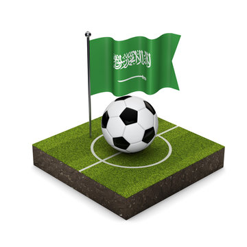 Saudi Arabia flag football concept. Flag, ball and soccer pitch isometric icon. 3D Rendering
