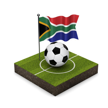 South Africa flag football concept. Flag, ball and soccer pitch isometric icon. 3D Rendering