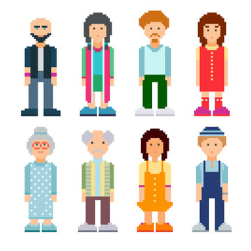 People characters pixel set. Men and women of all ages standing on white background.