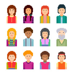 Pixel art style cartoon faces. Vector illustration. Collection of cute colourful  avatars