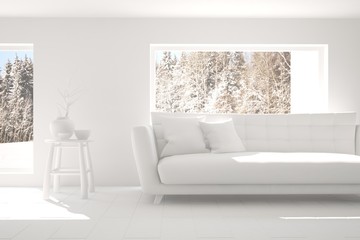 White room with sofa and winter landscape in window. Scandinavian interior design. 3D illustration