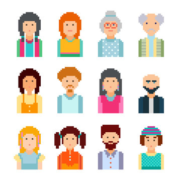 Pixel male and female faces avatars. 8 bit graphic style
