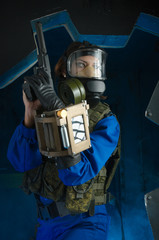 girl in military clothes with guns with fallout style game