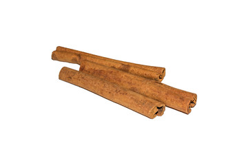 three cinnamon sticks isolated on white background