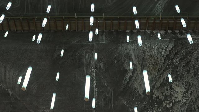 Lights hanging inside the salt mine