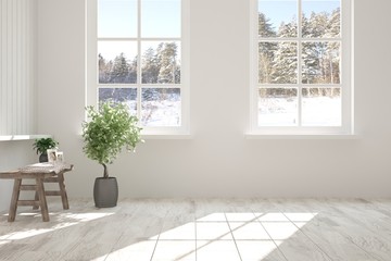 Naklejka na ściany i meble White empty room with winter landscape in window. Scandinavian interior design. 3D illustration