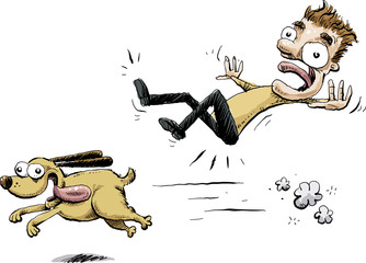 A happy, cartoon dog dashes forward, knocking over a standing man.