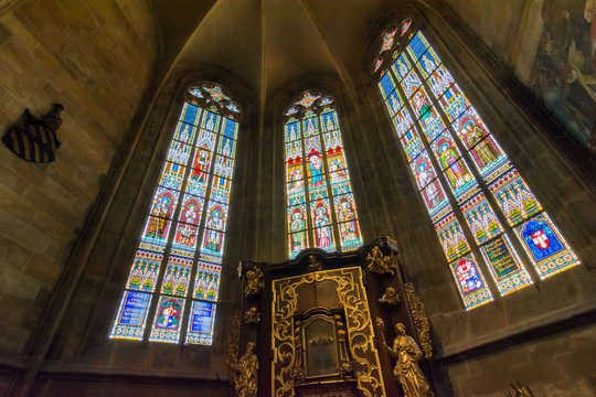 Stained glass in Saint Vitus cathedral in Prague