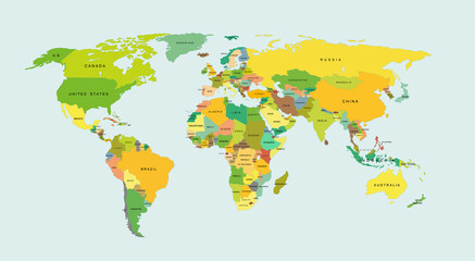 Fototapeta premium Szczegółowa mapa świata z krajami. Ilustracji wektorowych