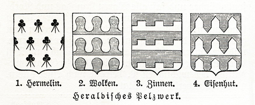 Tinctures in heraldry (from left) - ermine, clouds, merlons and vair (from Meyers Lexikon, 1896, 13/640)