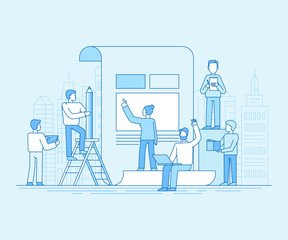Vector illustration in flat linear style and blue color  - teamwork concept