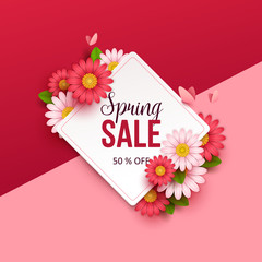 Spring sale background with beautiful flowers. Vector illustration
