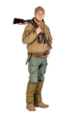 Full length portrait of a male hunter with double barreled shotgun Isolated on white background. hunting and people concept.
