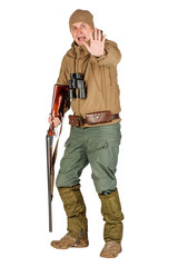 Full length portrait of a male hunter with double barreled shotgun Isolated on white background. hunting and people concept.