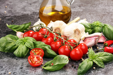 tomato and italian ingredient. Ripe tomatoes with fresh basil, garlic