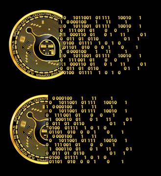 Set of crypto currency golden coins with black lackered siacoin symbol on obverse isolated on black background. Vector illustration. Use for logos, print products, page and web decor or other design.