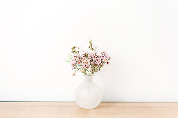 Wild flowers in vase on white background. Front view minimal composition.
