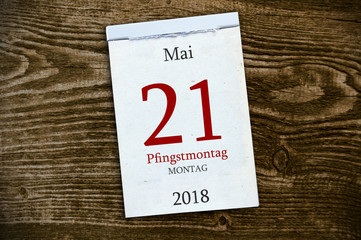 Abreißkalender Kalender mit Pfingsten Pfingstsonntag Pfingstmontag 2018