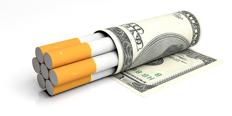 Smoking cost concept. Cigarettes wrapped in hundred dollars banknotes isolated on white background. 3d illustration