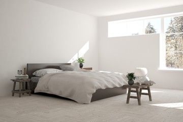 White bedroom with winter landscape in window. Scandinavian interior design. 3D illustration