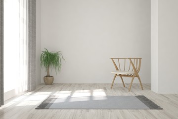 Inspiration of white minimalist room with armchair. Scandinavian interior design. 3D illustration