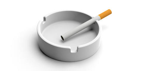 Cigarette and a white ashtray isolated on white background. 3d illustration