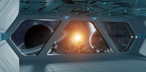 Spaceship futuristic grey blue interior with view on exoplanet © sdecoret