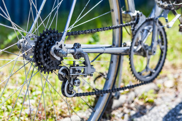 10 speed derailleur with freewheel cassette and chain on bicycle - obrazy, fototapety, plakaty
